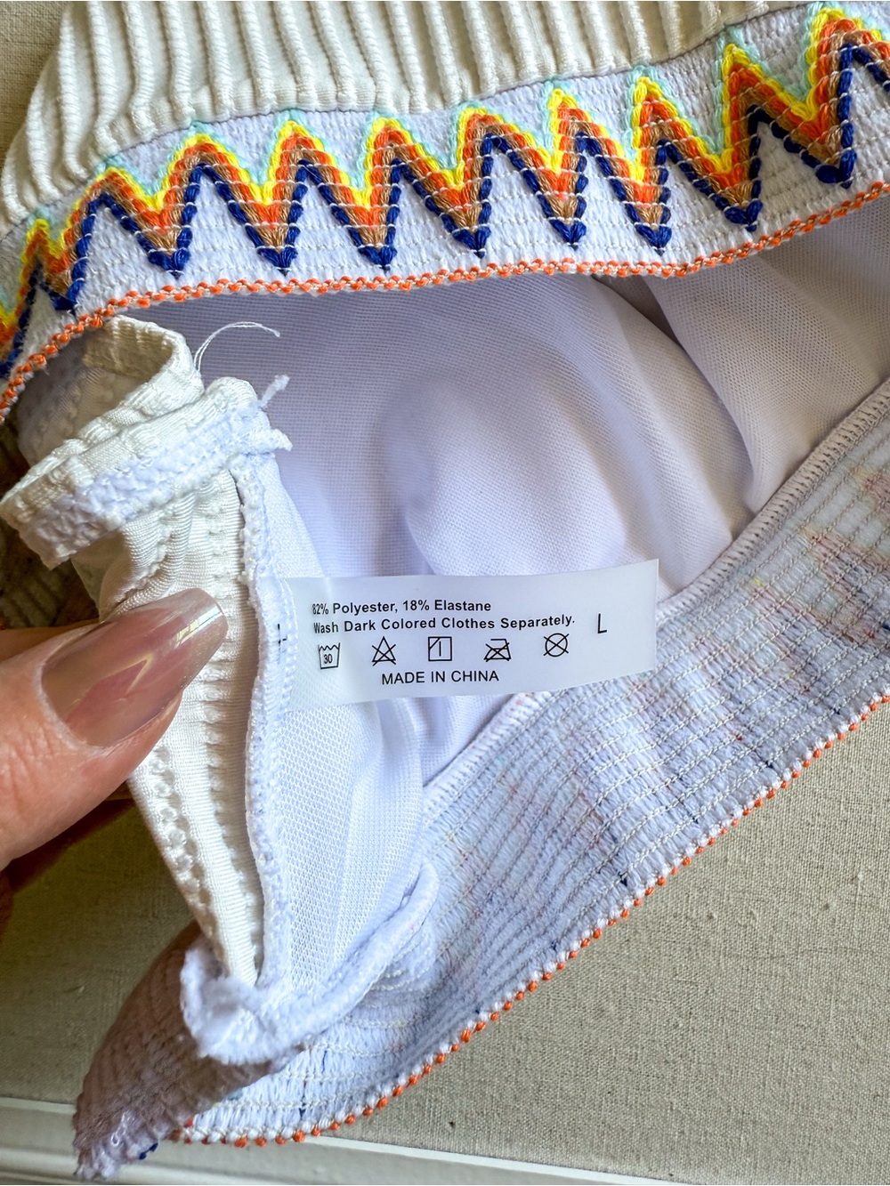 Textured Ribbed Bikini Set White Colorful Zigzag Trim High Waisted Size L - Picture 8 of 8
